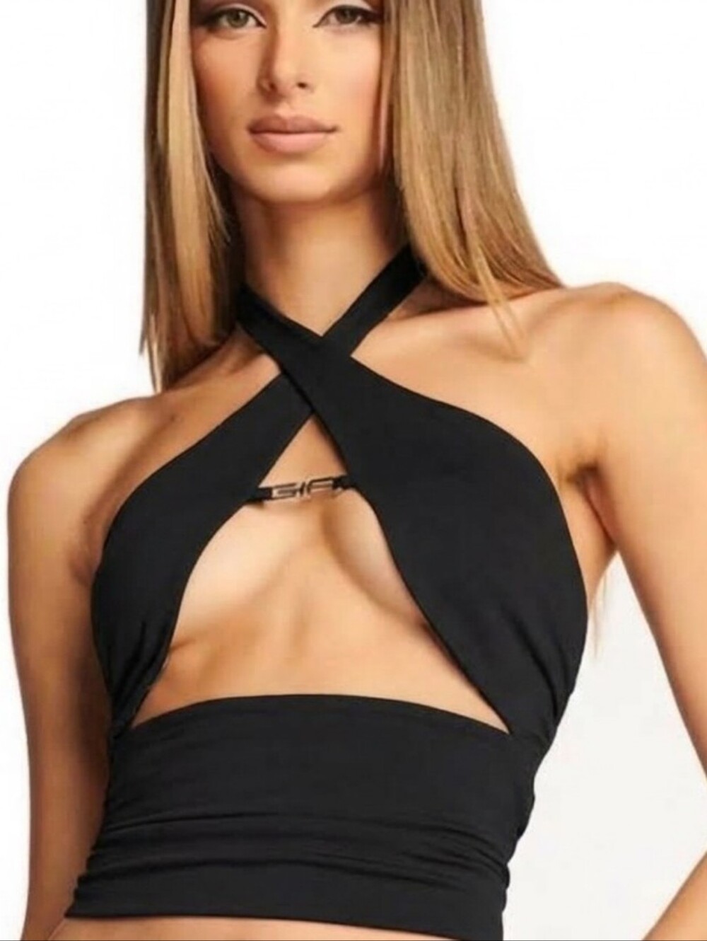 I.AM.GIA Black Cross-Front Halter Crop Top